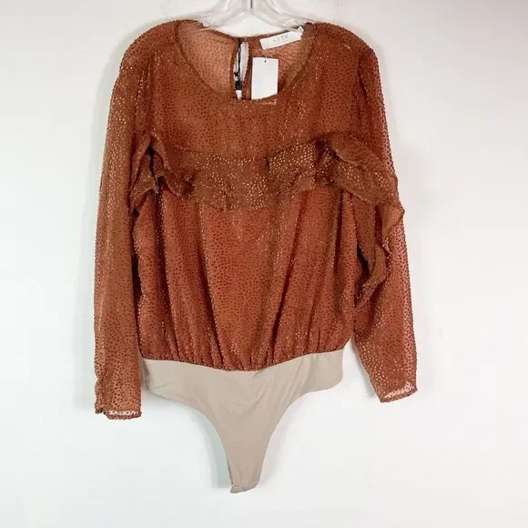 Astr The Label NWT Lucille Semi Sheer Textured Bodysuit Brown Ginger Size L - Picture 3 of 7